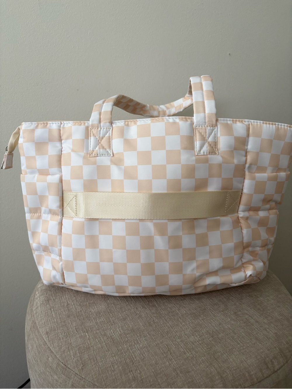 Beige Checkered Quilted Tote Bag - Cream & White